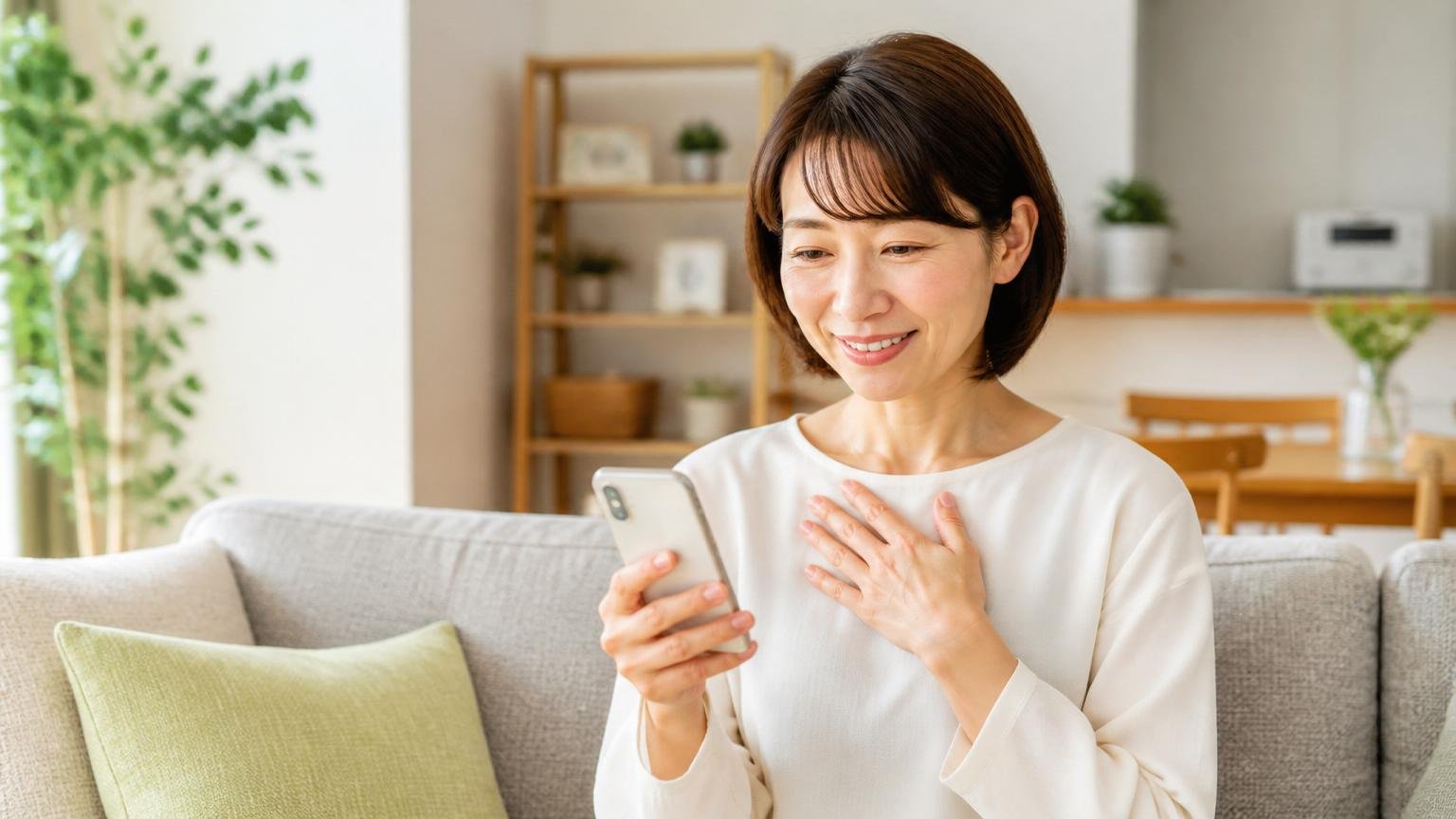今日中にできるたった1つのこと|住宅のリビングで女性1人がスマホから無料見積もりを申し込み安堵の表情