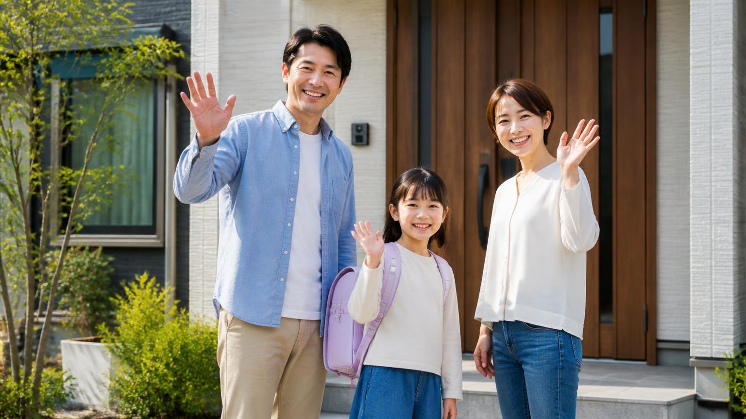 関東の家を守るために今週できる最初の一歩 木造戸建ての玄関前で家族3人が笑顔で見送る