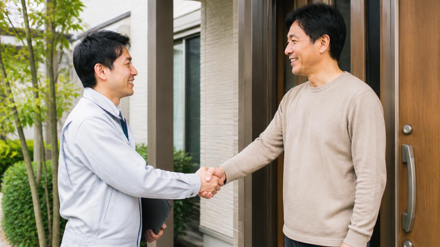 まずは無料の現地調査から。木造戸建ての玄関先で作業員1人と住人1人が握手して笑顔