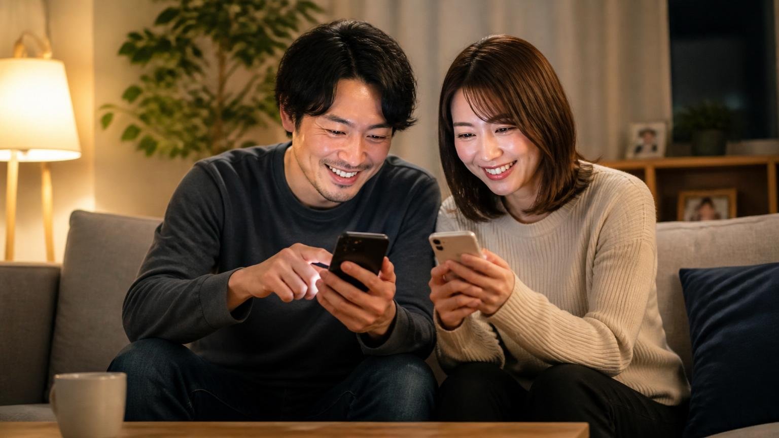 今日動くとしたら最初の一歩。夜のリビングで30代夫婦がスマホを手に無料相談を申し込み表情が和らぐ