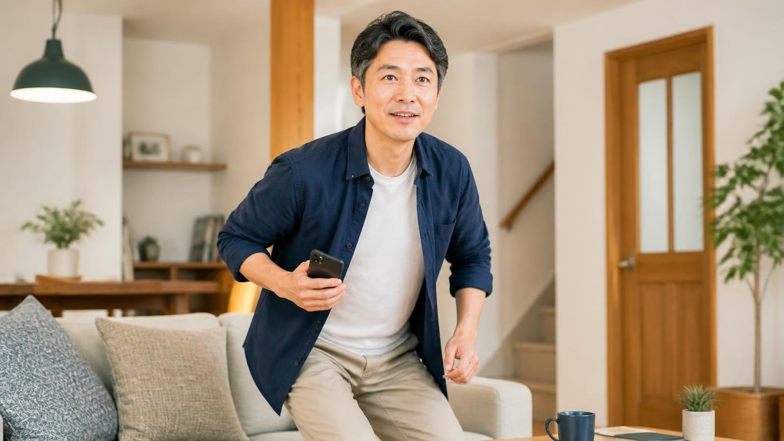 今日から動き出す場面。木造戸建てのリビングでスマホを手に前向きな表情で立ち上がる40代男性1人