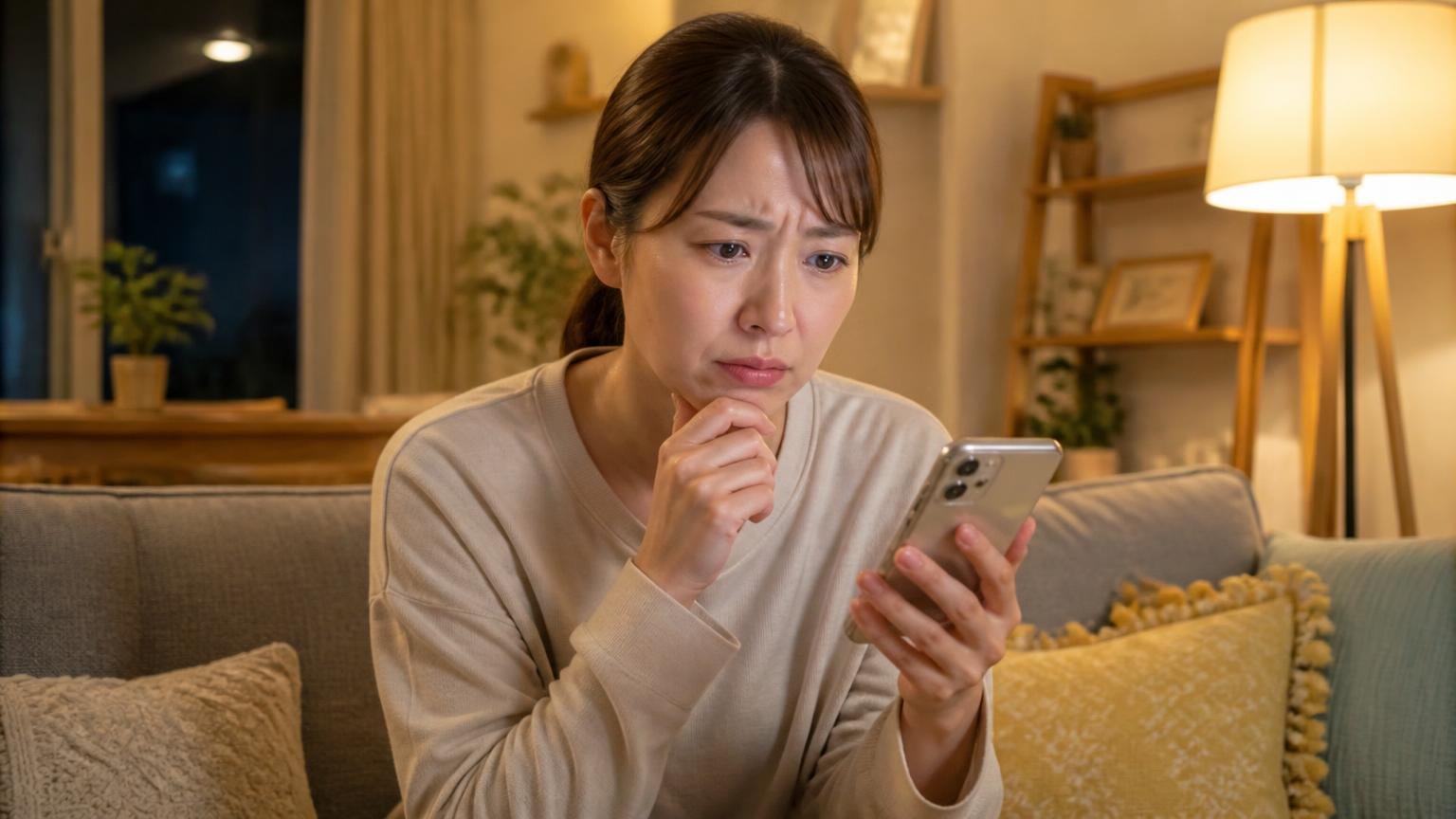 天井裏の音を今夜で終わらせたい人が相談した窓口|夜のリビングでスマホから問い合わせる女性1人