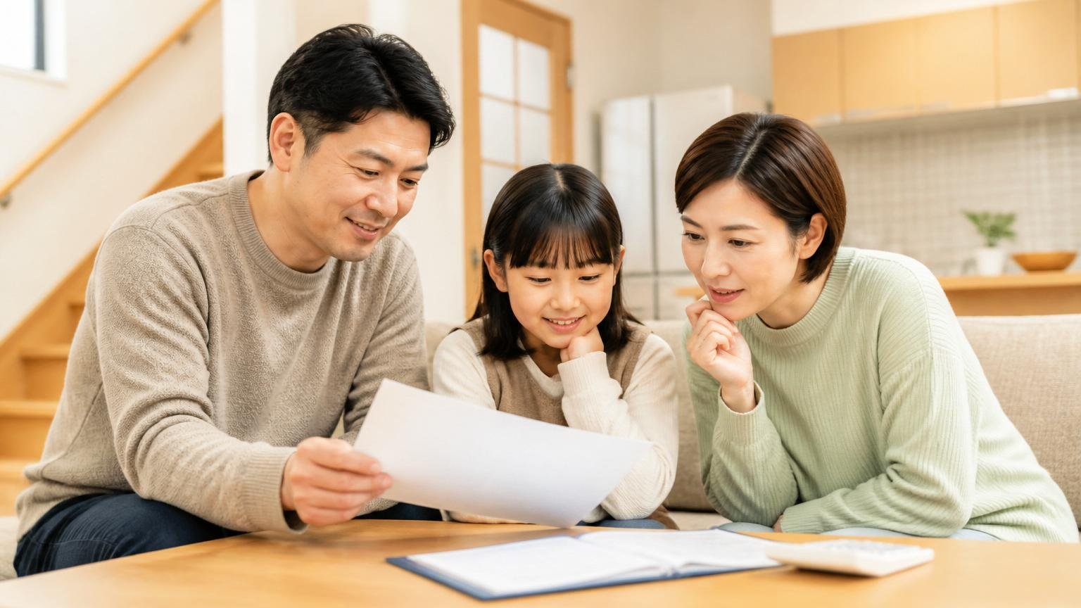 まずは無料の現地調査から、害獣とシロアリの相談窓口。木造戸建てのリビングで家族3人が穏やかな表情で見積書を見る
