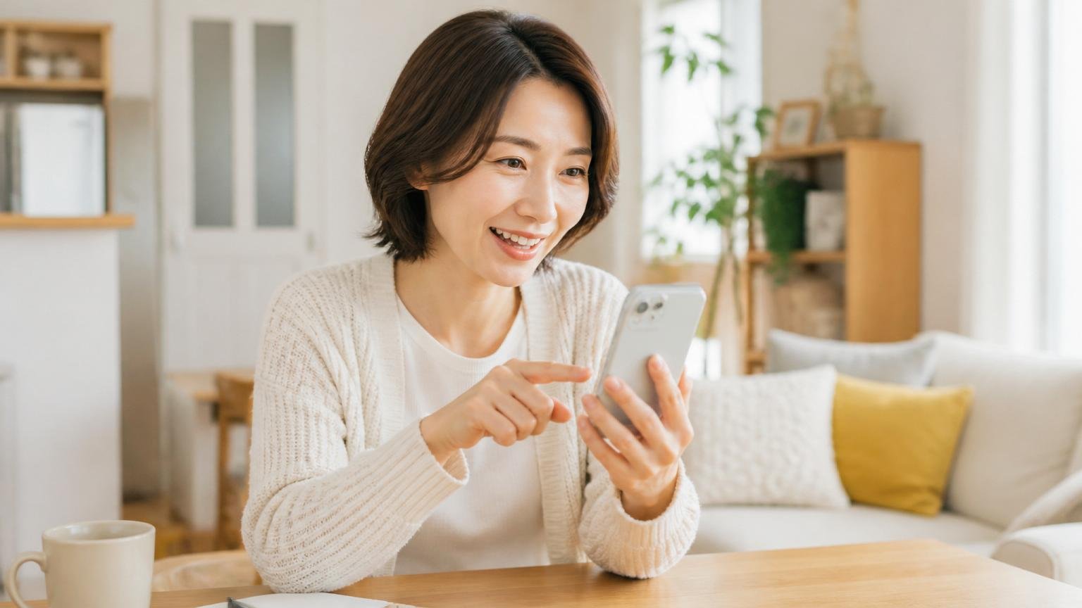 相見積もりを申し込む場面。朝のリビングでスマホを手に前向きな表情で問い合わせをする40代女性