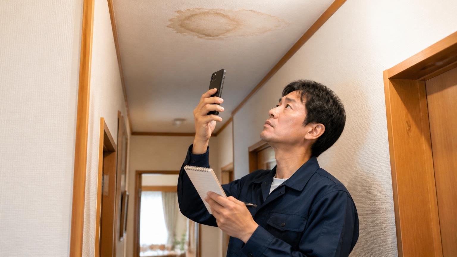 今日できる3ステップを実行する場面。木造戸建ての廊下で住人1人がスマホで天井のシミを撮影しメモを取る