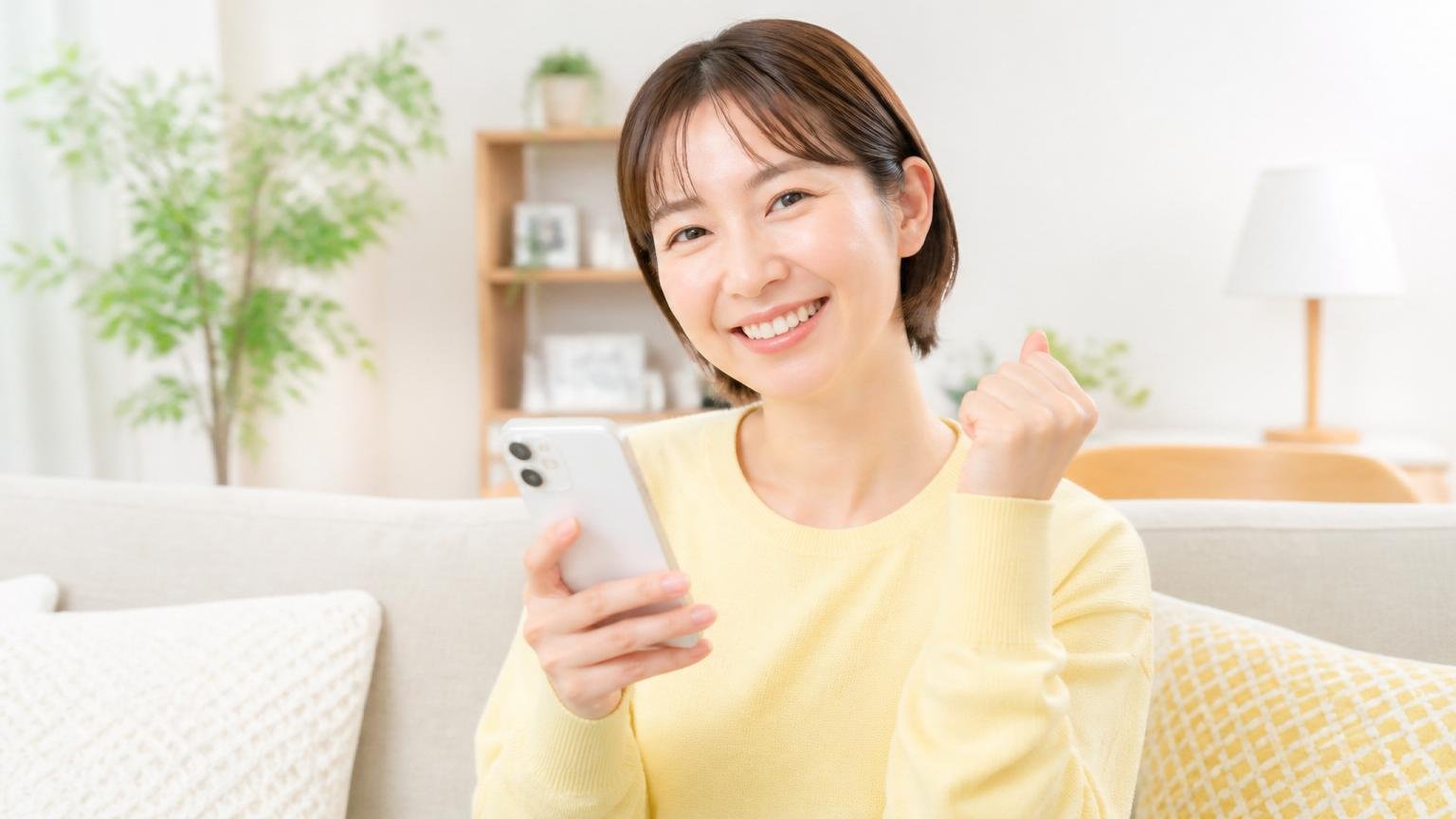 無料の現地調査を申し込む 明るいリビング 女性1人 スマホを手に前向きな表情