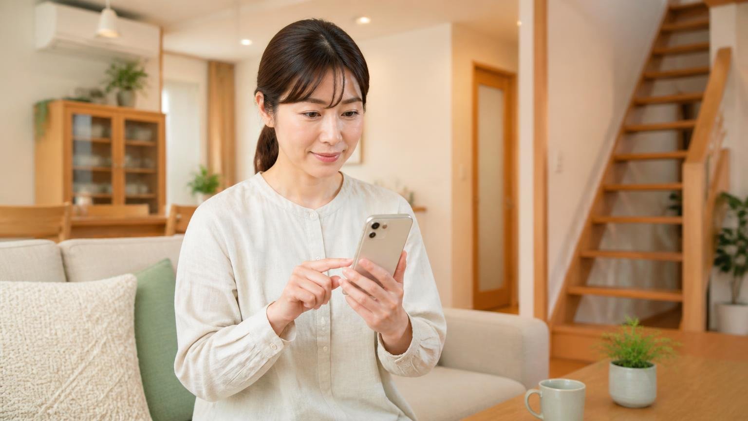 天井裏の物音や床下の不安から無料の現地調査を申し込む。木造戸建てのリビングで女性1人が落ち着いた表情でスマホから相談する
