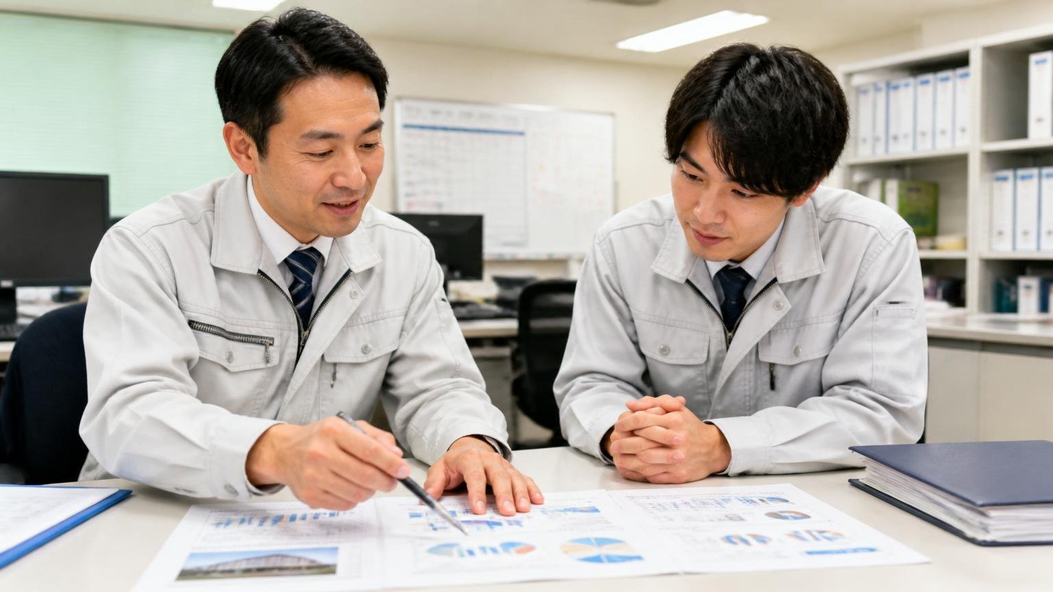 大阪本社・事業所21ヵ所・従業員192名の企業規模|事務所で会社資料を指さし説明する作業着の男性2人
