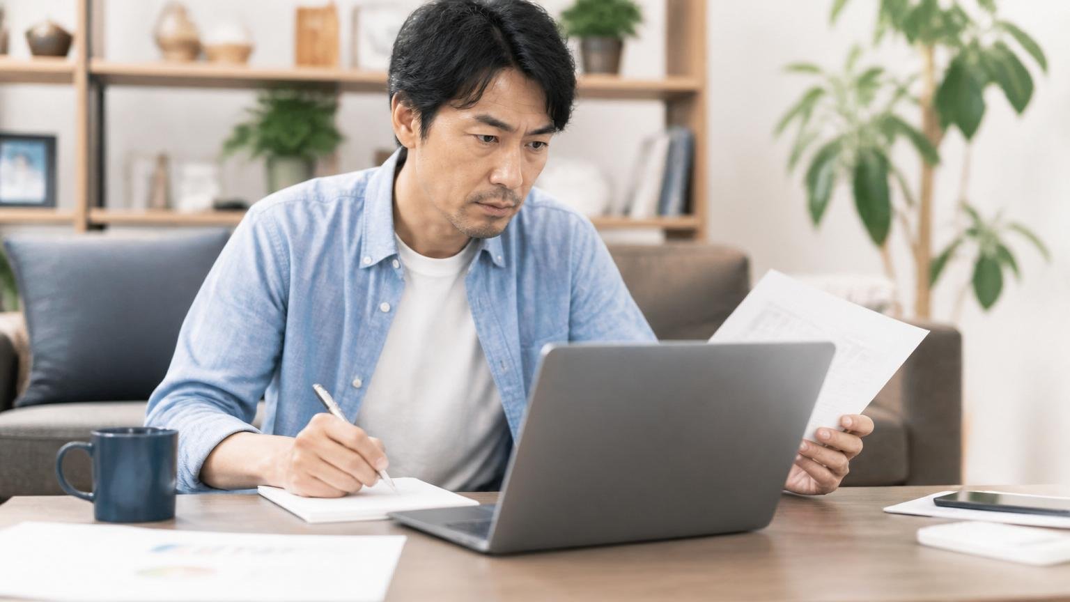 会社概要を確認する場面。リビングでノートパソコンを見ながら書類にメモを取る40代男性1人