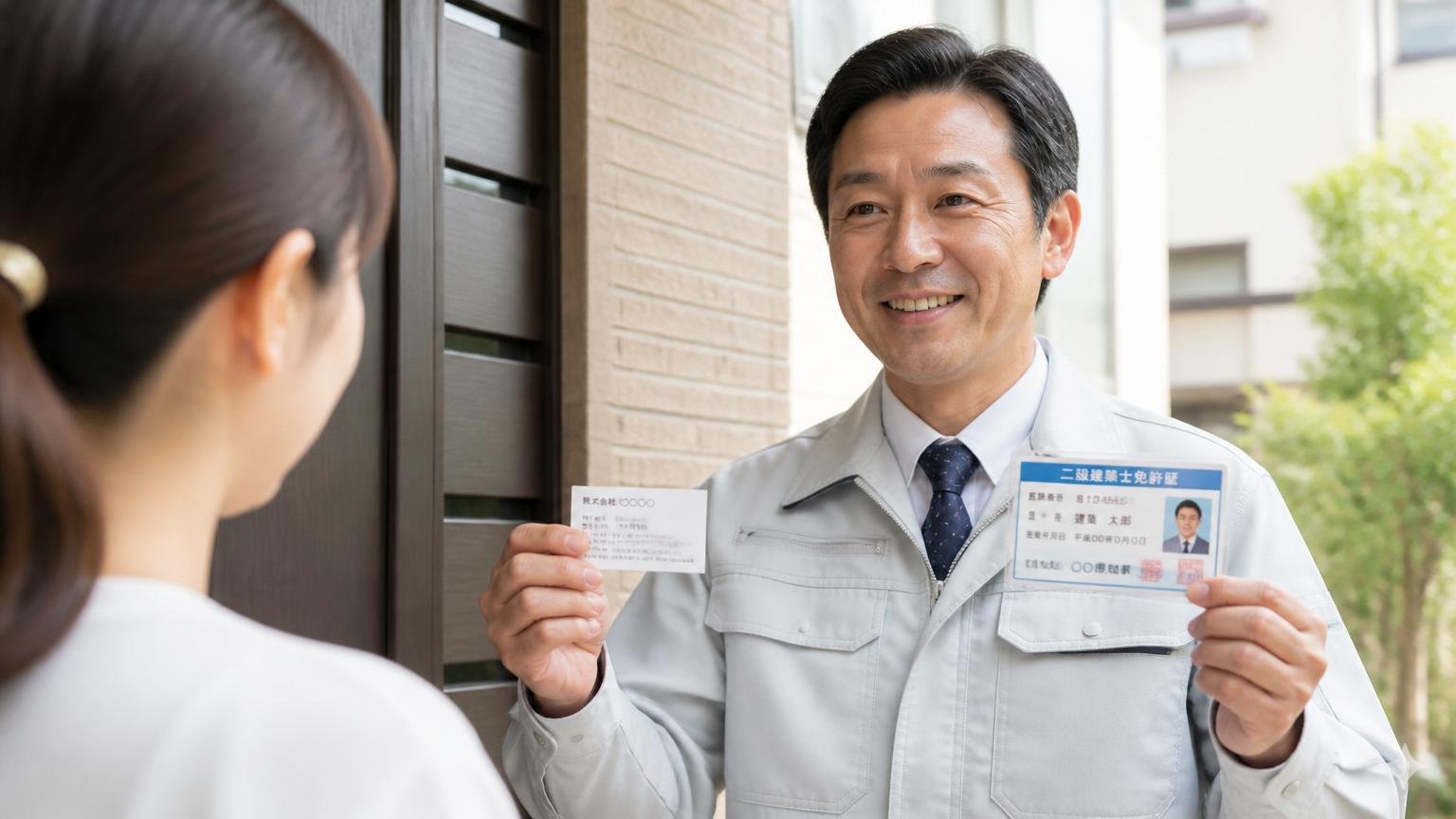 運営会社と許可資格をどこまで公開しているか 住宅の玄関前で作業員1人が名刺と資格証を提示