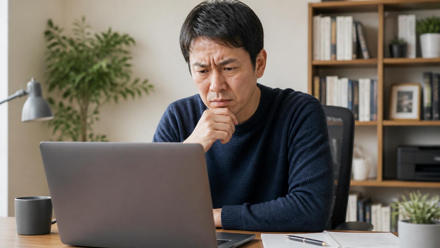 「株式会社ミナト」は同名の会社が全国に複数ある 自宅の書斎でパソコンの検索結果を見比べる男性1人 眉をひそめる表情