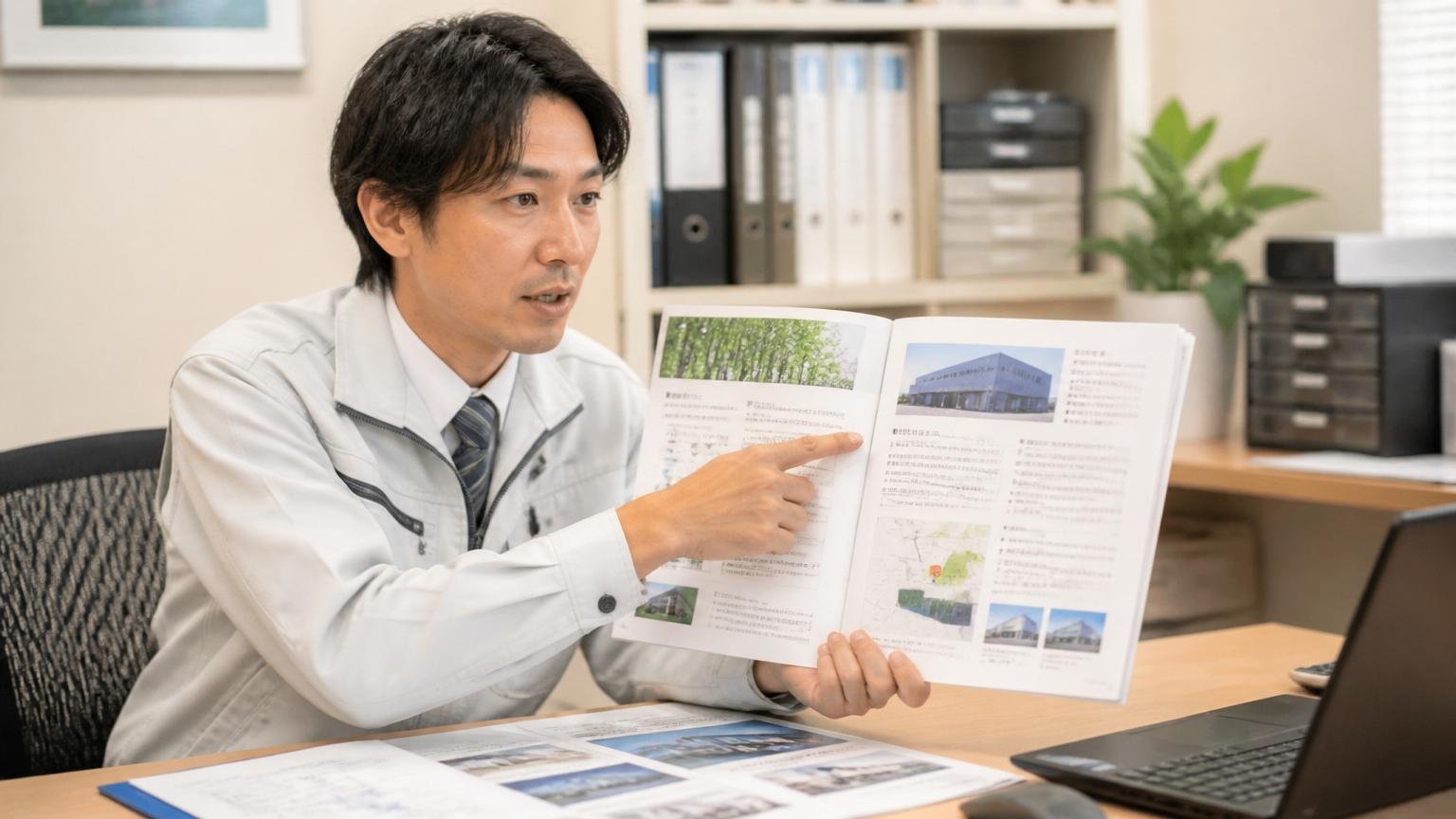 設立や所在地や加盟団体を確認する場面。事務所のデスクで作業着の男性1人が会社案内の資料を指さして説明する