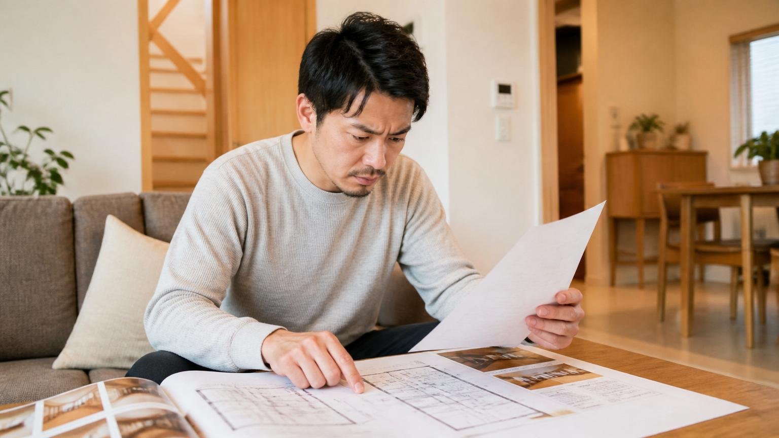 会社概要を確認する 木造戸建てのリビング 男性1人 資料を広げて真剣な表情