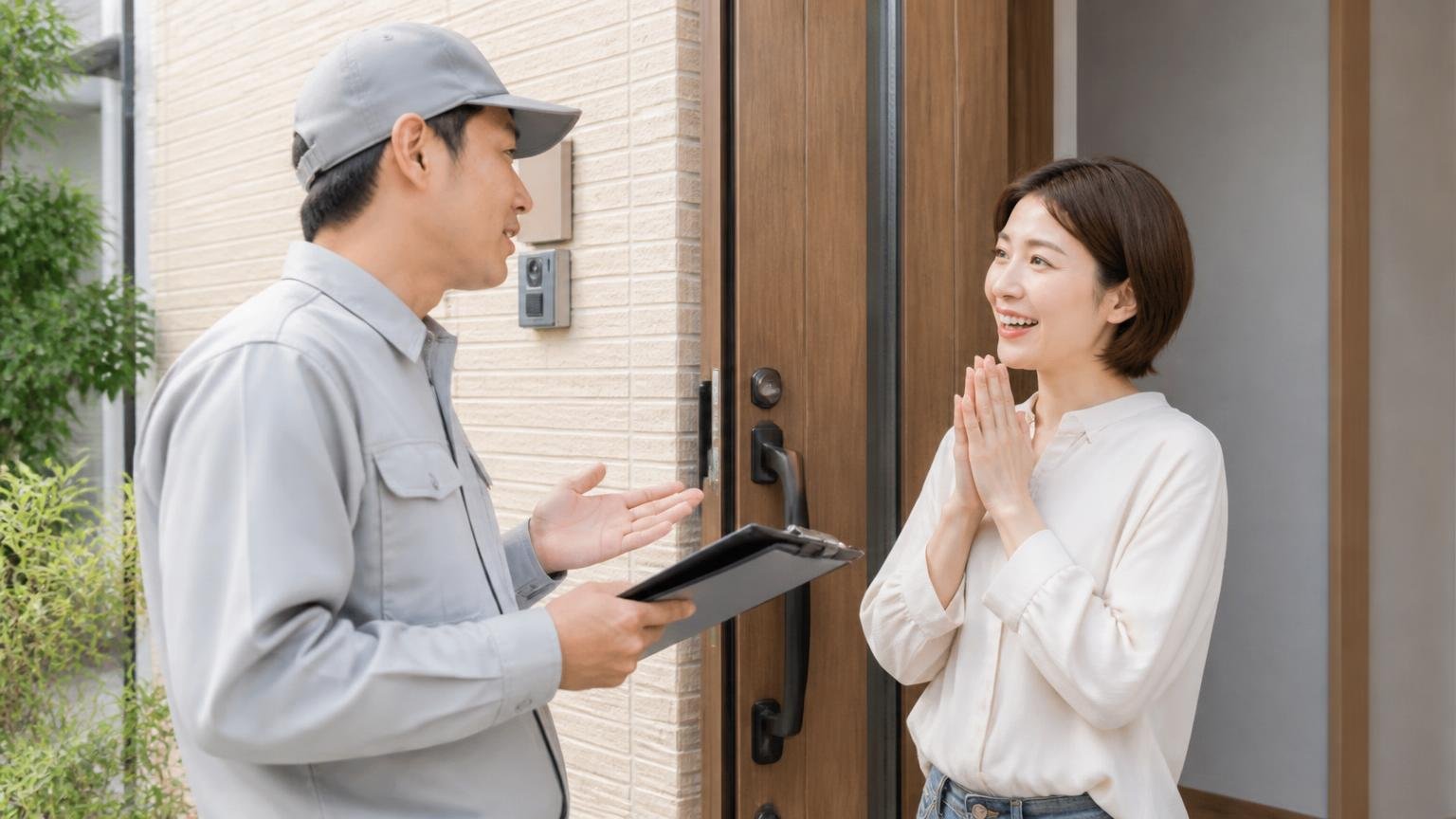 見積もりだけで断れることを示す口コミ 住宅の玄関前で作業員から説明を受ける30代女性が安心した表情