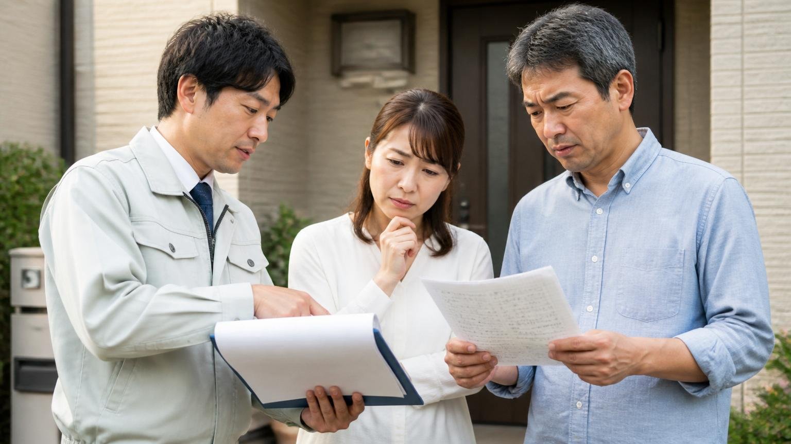 手書きメモの見積もりと書面の見積書を見比べる場面。戸建ての玄関先で作業員と住人2人が書類を確認