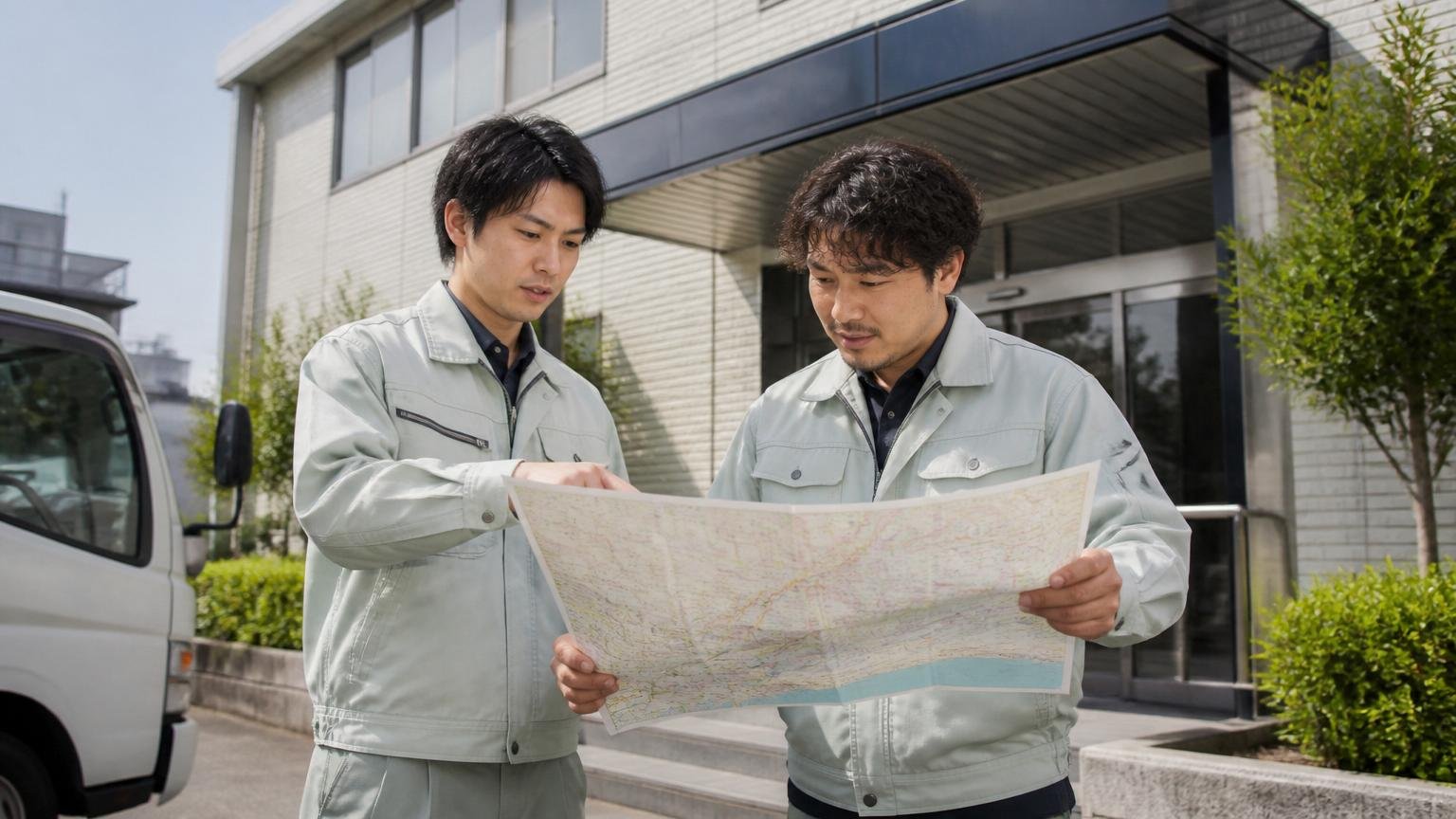 設立2007年で本社は大阪府枚方市、拠点は全国6か所。事務所前で作業着姿の男性2人が地図を確認する様子