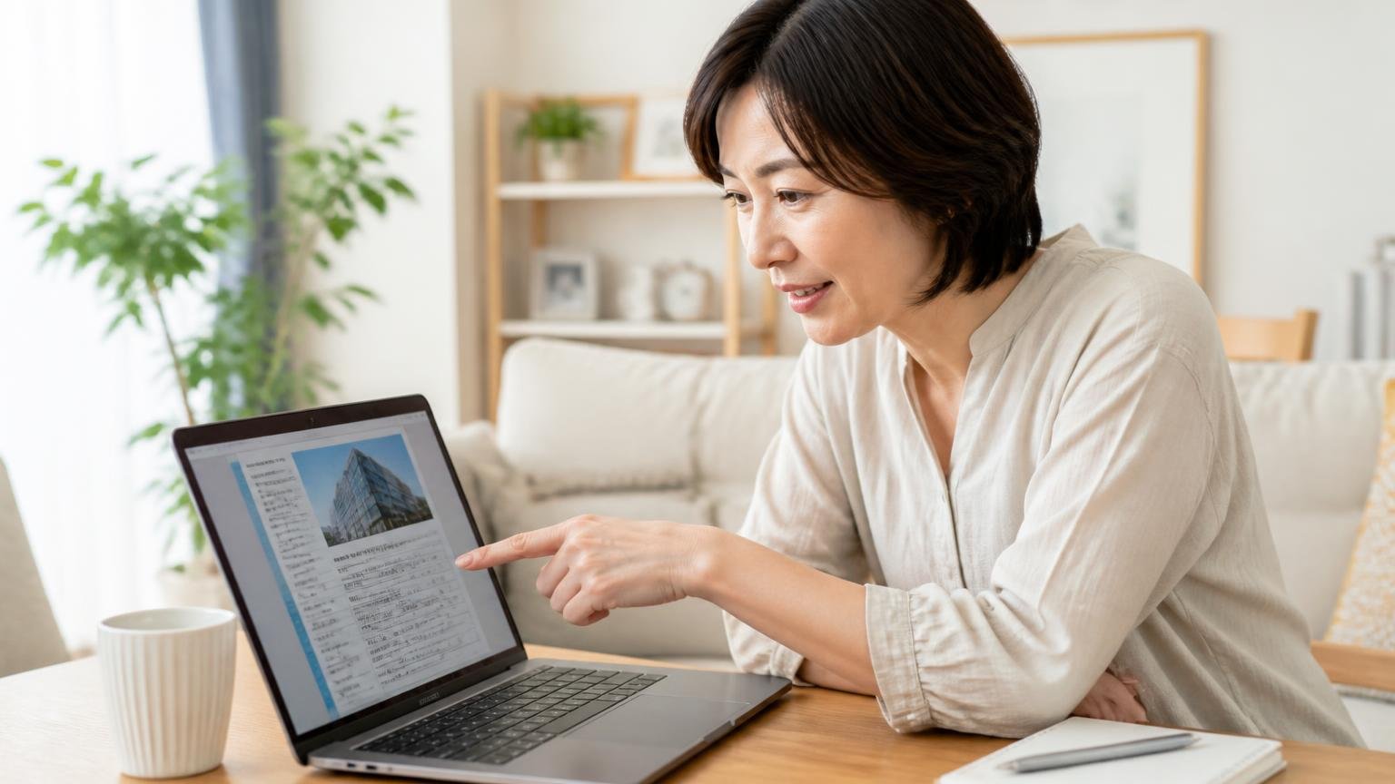 運営会社の情報を確認する場面。自宅リビングのテーブルでノートパソコンの会社概要ページを指さす40代女性