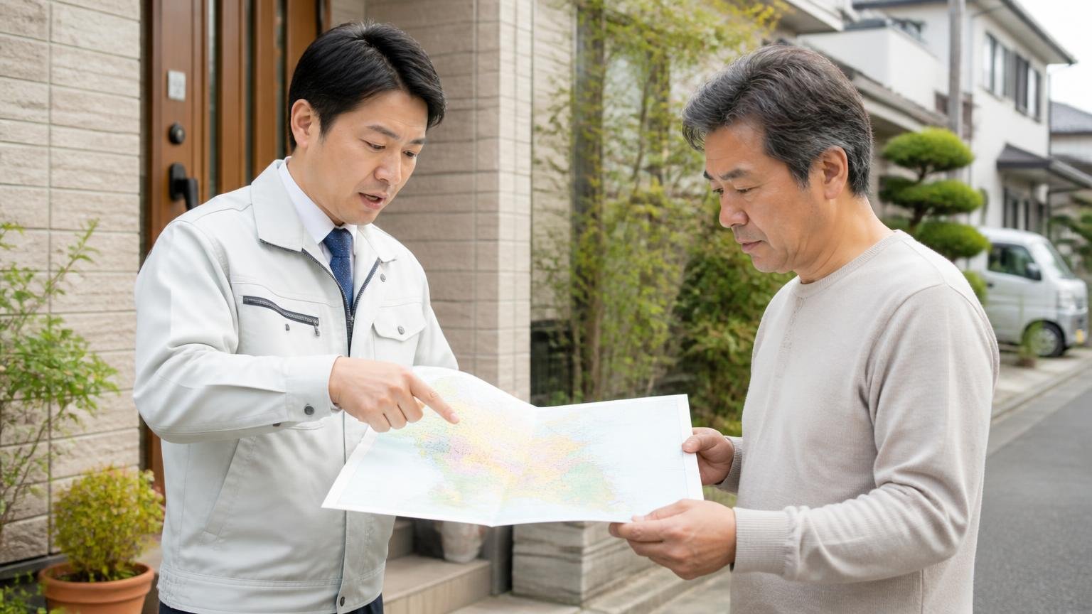 対応エリアは関西一円の6府県。住宅街の玄関前で作業員1人と住人1人が地図を見ながら話す