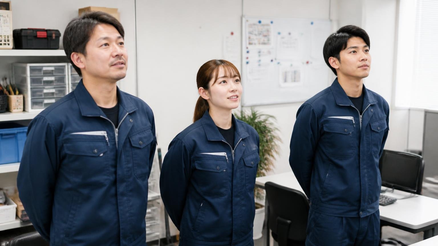 設立2005年・関東5拠点の駆除会社。事務所で作業着姿のスタッフ3人が朝礼で顔を上げる