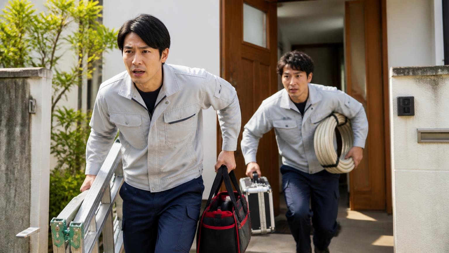 当日対応で駆けつける場面。木造戸建ての玄関前で作業服の男性作業員2人が資材を手に急ぐ
