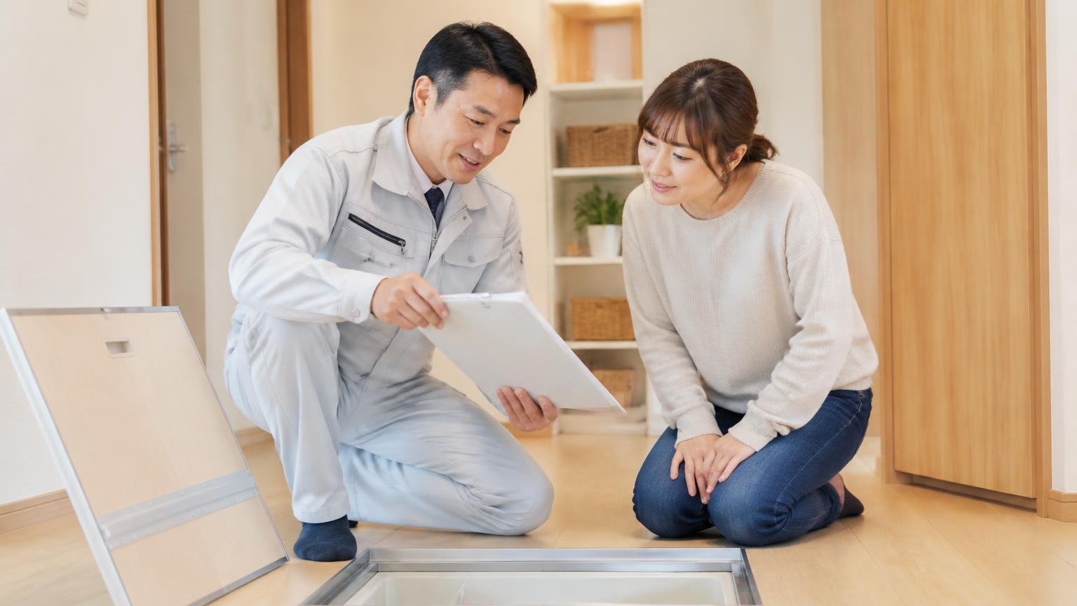 事前の見積もりとスケジュールに安心|住宅の床下点検口前|男女2人|書類を見て頷く