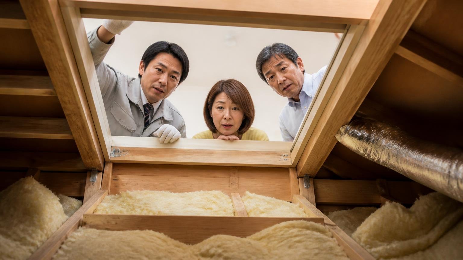 屋根裏の写真を見せて説明。天井裏の点検口前で作業員と住人2人が画面を覗く