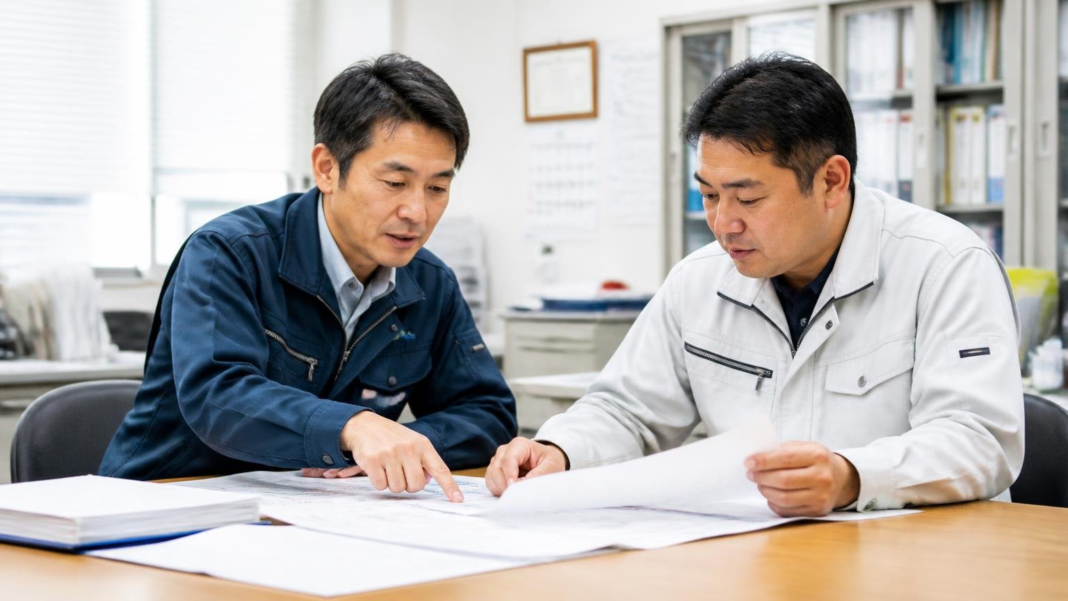 創業1979年・従業員28名・JA指定業者という土台 事務所で作業着姿の男性スタッフ2名が資料を広げる