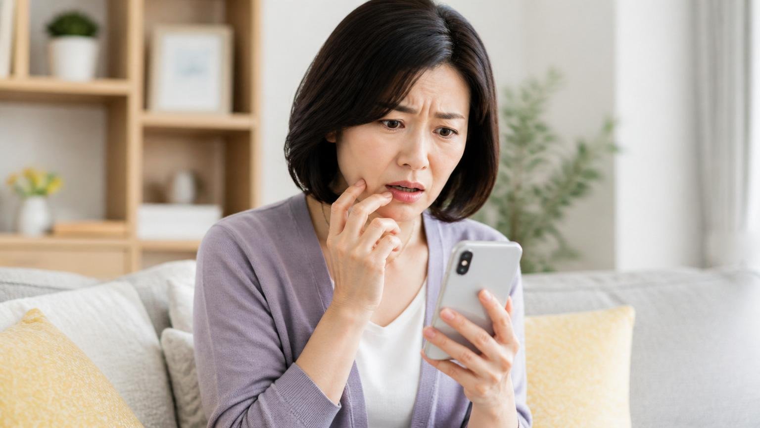 口コミの件数と評価点を確認する。リビングでスマホの口コミ画面を見る40代女性1人が困惑する