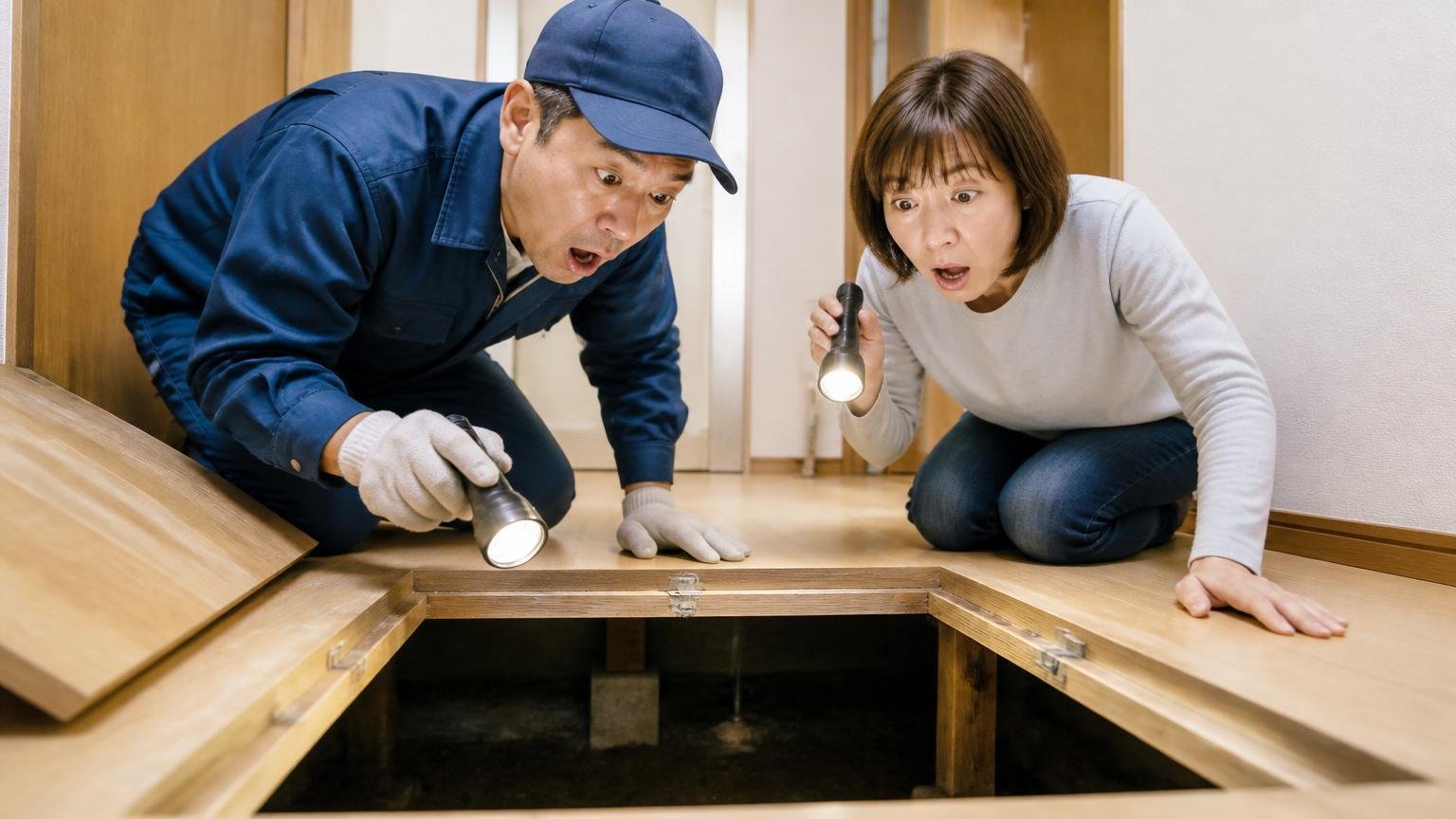 シロアリ駆除の口コミ 木造戸建ての床下点検口で作業員1人と住人1人が懐中電灯を向け驚いた表情を浮かべる