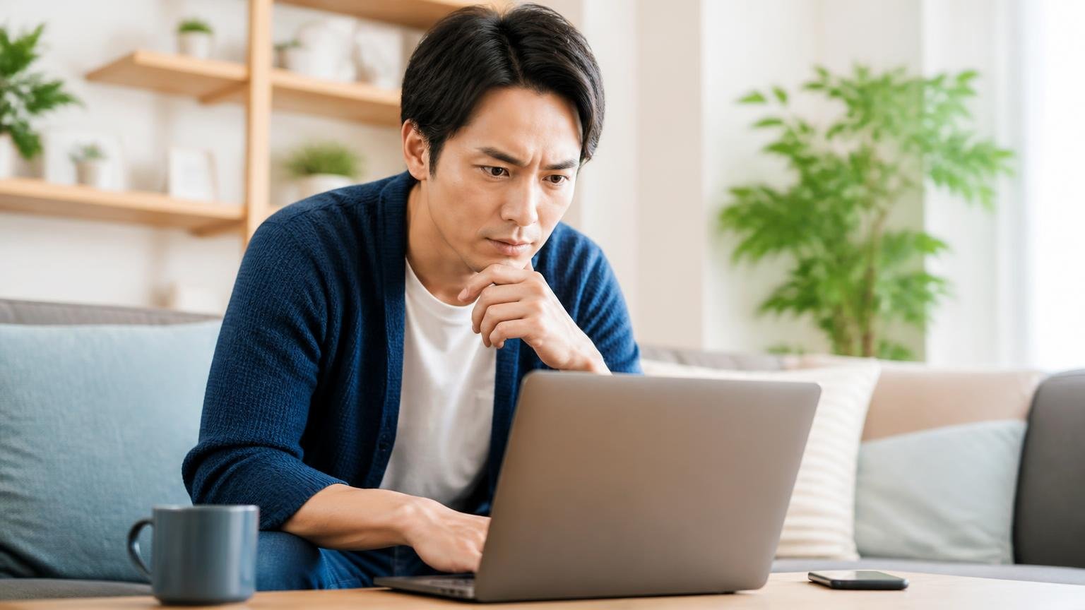 「三井」という社名は大手グループと関係があるのか|住宅のリビングでパソコンを見る男性1人が真剣に企業情報を調べる