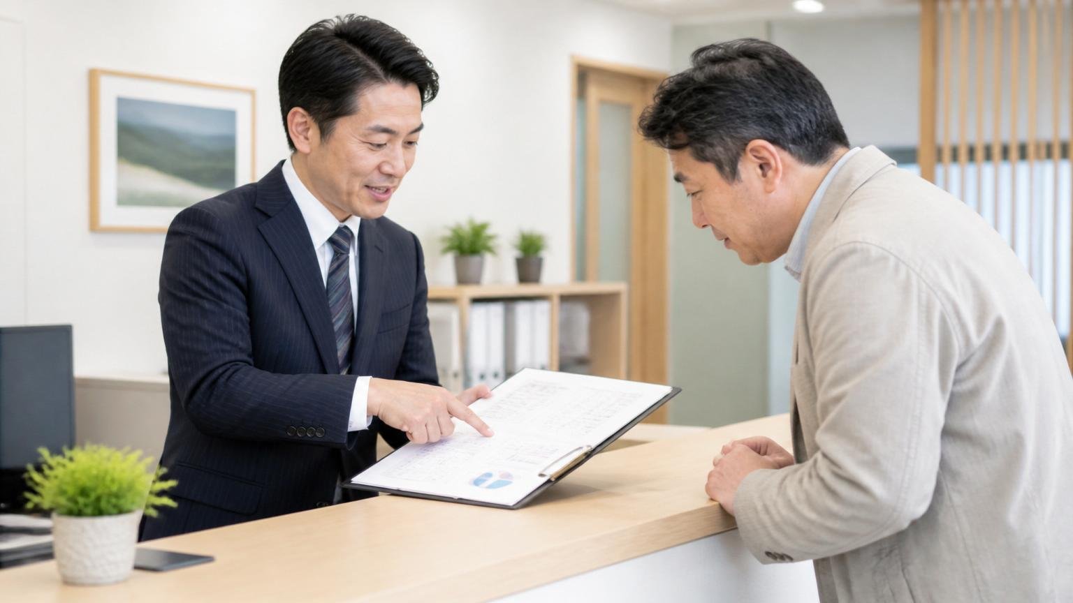 会社概要と設立年を確認。事務所のカウンターで書類を広げて説明する社員と、身を乗り出して聞く来客の男性