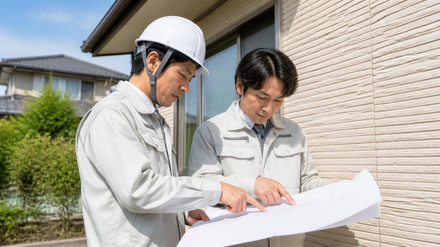 駆除だけでなく住宅工事も手がける会社の事業範囲、木造戸建ての外壁まわりで点検する作業員2人が図面を指さす