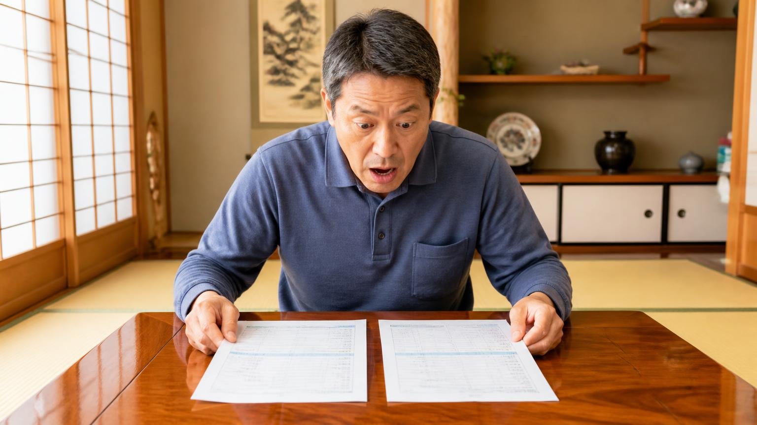 見積もりを取って比較したら安かった。木造戸建ての和室で50代男性1人が見積書2枚を並べて驚く