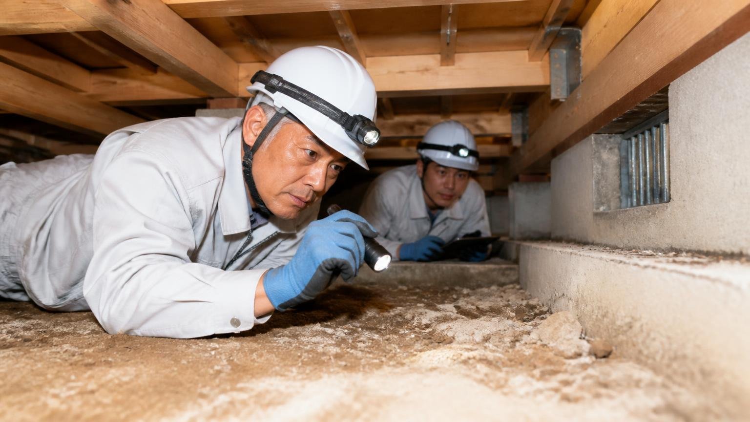 設立昭和42年 従業員85名 年間2万件超の施工実績 住宅の床下で作業員2人が点検作業を行う