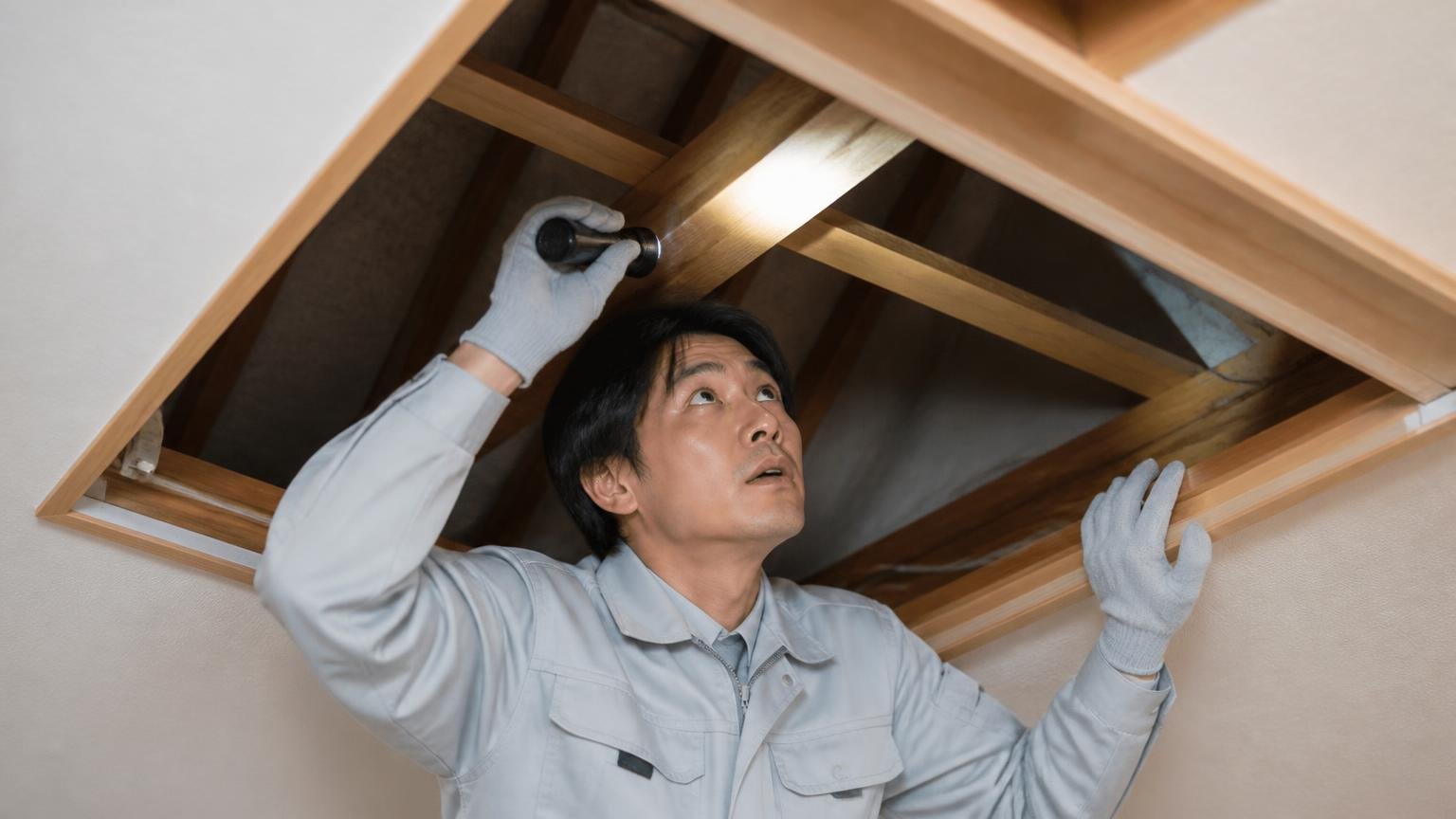 見積もりの前になぜ出たのかを調べてくれる/木造戸建ての天井裏の点検口/作業員1人/懐中電灯で梁を照らして確認する