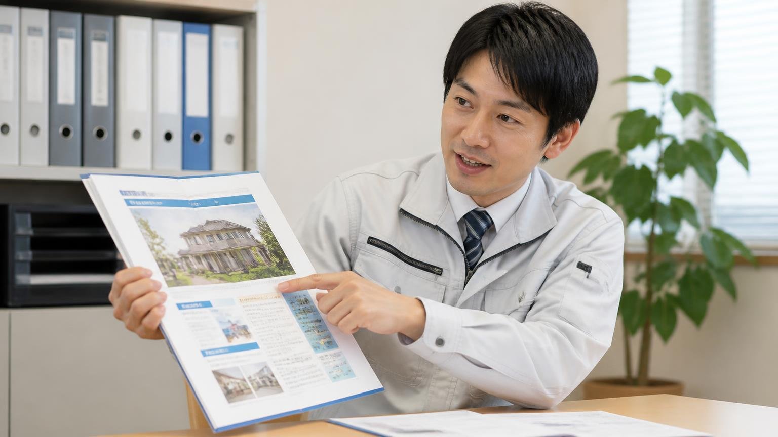 会社概要|昭和63年設立・日本しろあり対策協会の正会員 群馬の事務所で作業員1人が会社案内の資料を指し示す