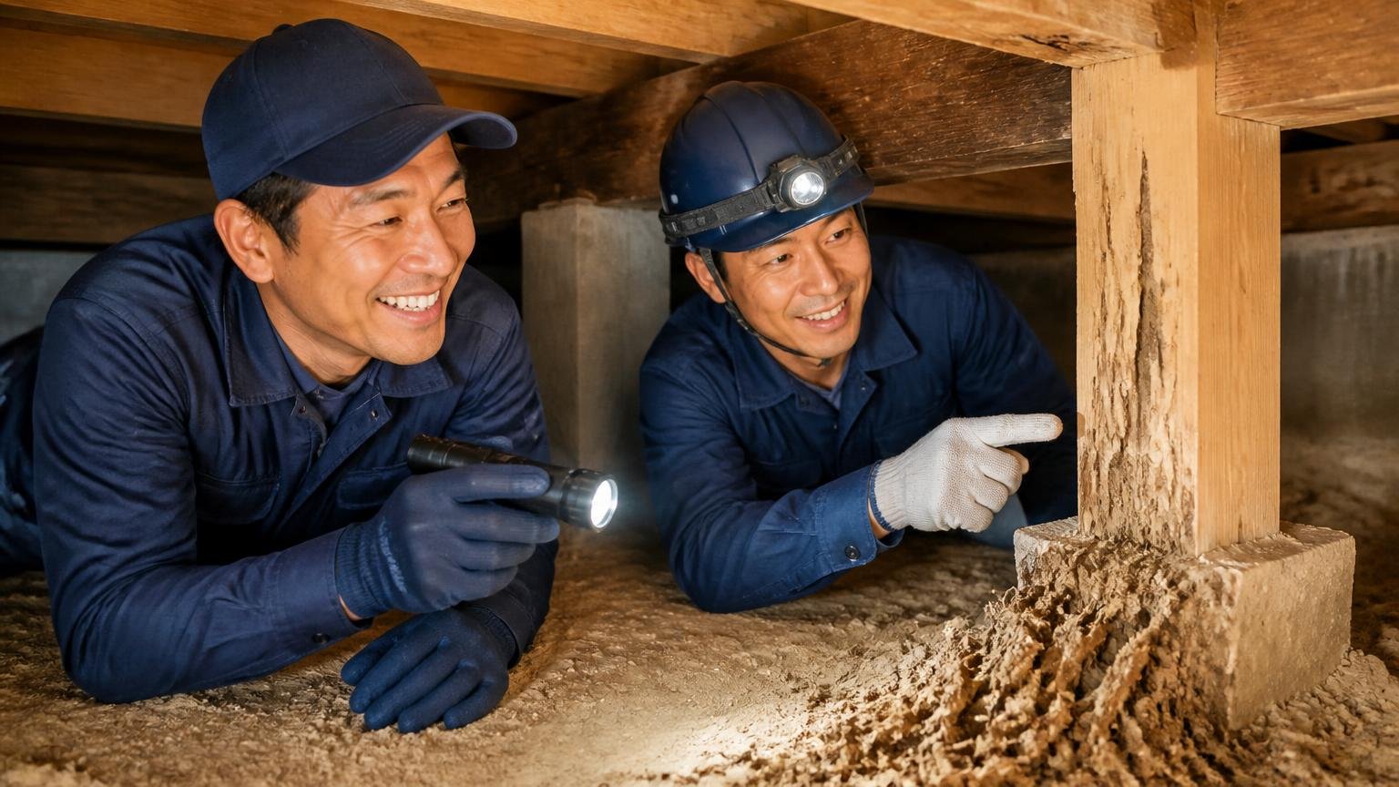 シロアリ駆除の口コミ「補修までしてくれた」。木造戸建ての床下で作業員2人が木材を確認して笑顔