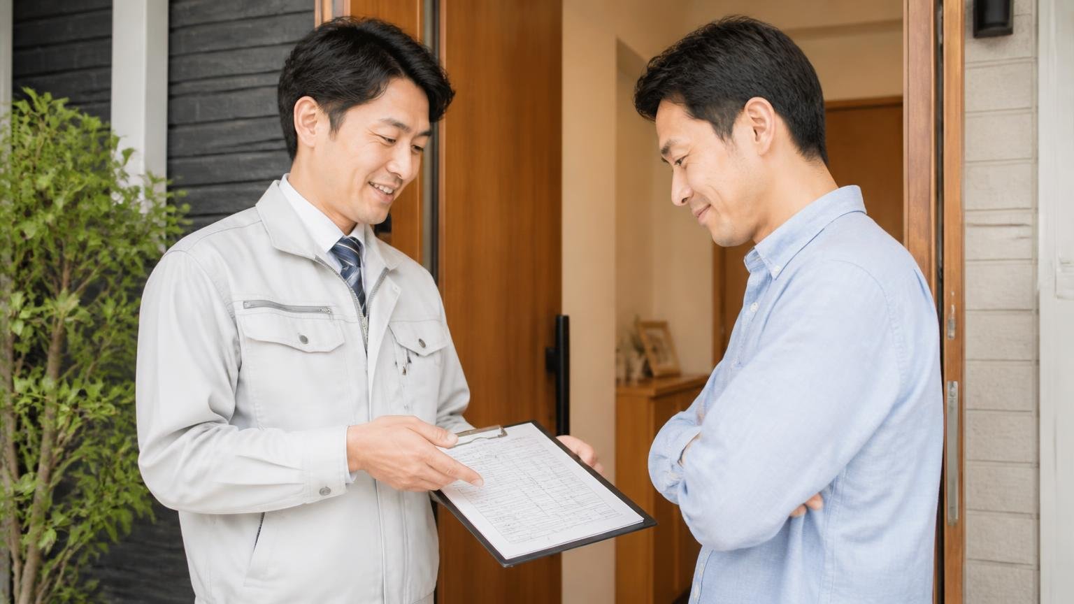 作業前にきちんと説明付きで提示|住宅の玄関で作業員が見積書を見せて説明し施主がうなずく
