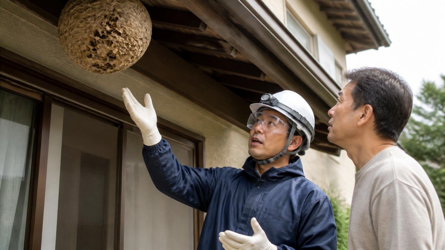 依頼から2〜3時間で到着し蜂の生態まで説明。住宅の軒下で作業員1人と住人1人が巣を見上げて説明を受ける