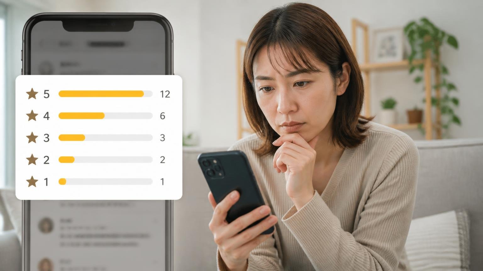 クチコミ24件の内訳確認。ソファでスマホの評価画面を拡大表示し、女性1人が真剣な表情で読み込む