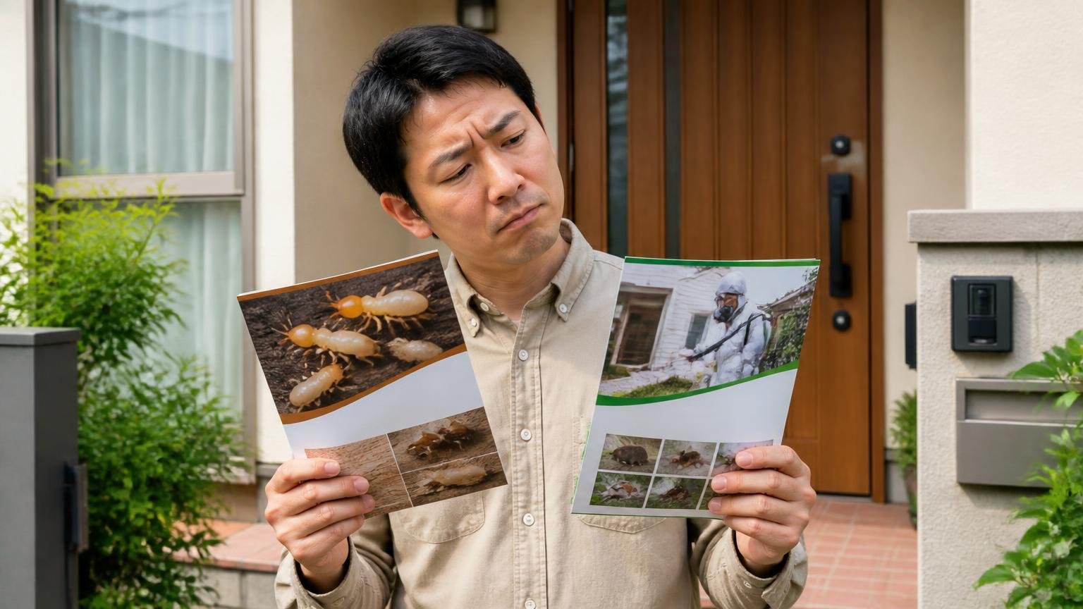 シロアリはアリプロ害獣は害獣駆除パートナーという2つの窓口 住宅の玄関前で2種類のパンフレットを見比べる 住人1人 首をかしげる表情