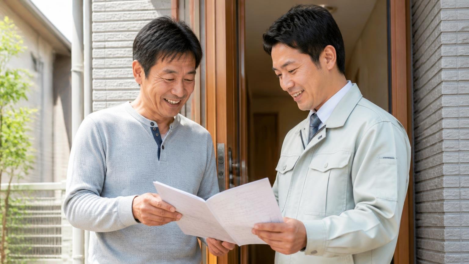 何社か見積もりを取って決めた。玄関先で作業員と住人の2人が見積書を広げ笑顔で話す