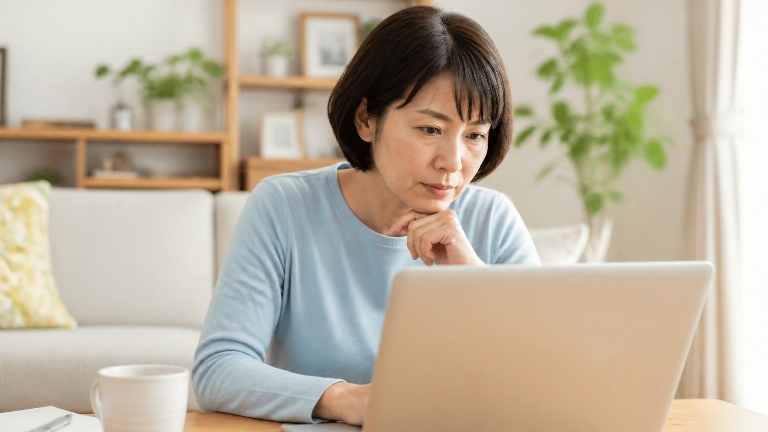 株式会社花光の会社概要を調べる。リビングでノートパソコンを開き会社概要を確認する40代女性が真剣な表情