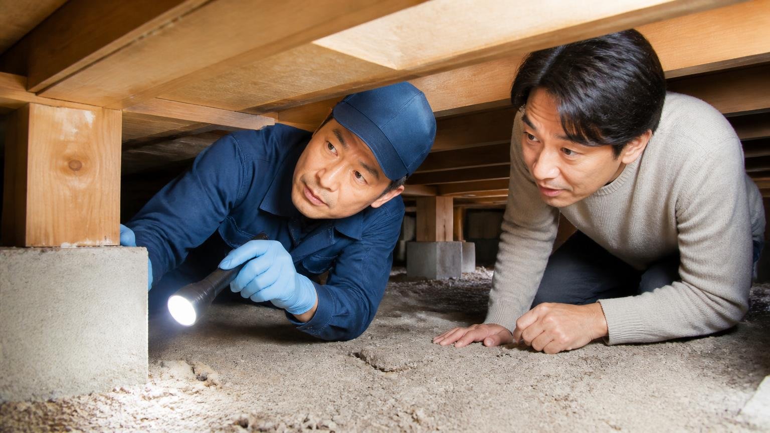 シロアリ駆除の料金目安は1㎡あたり2,200円 住宅の床下で点検する作業員と施主 2人