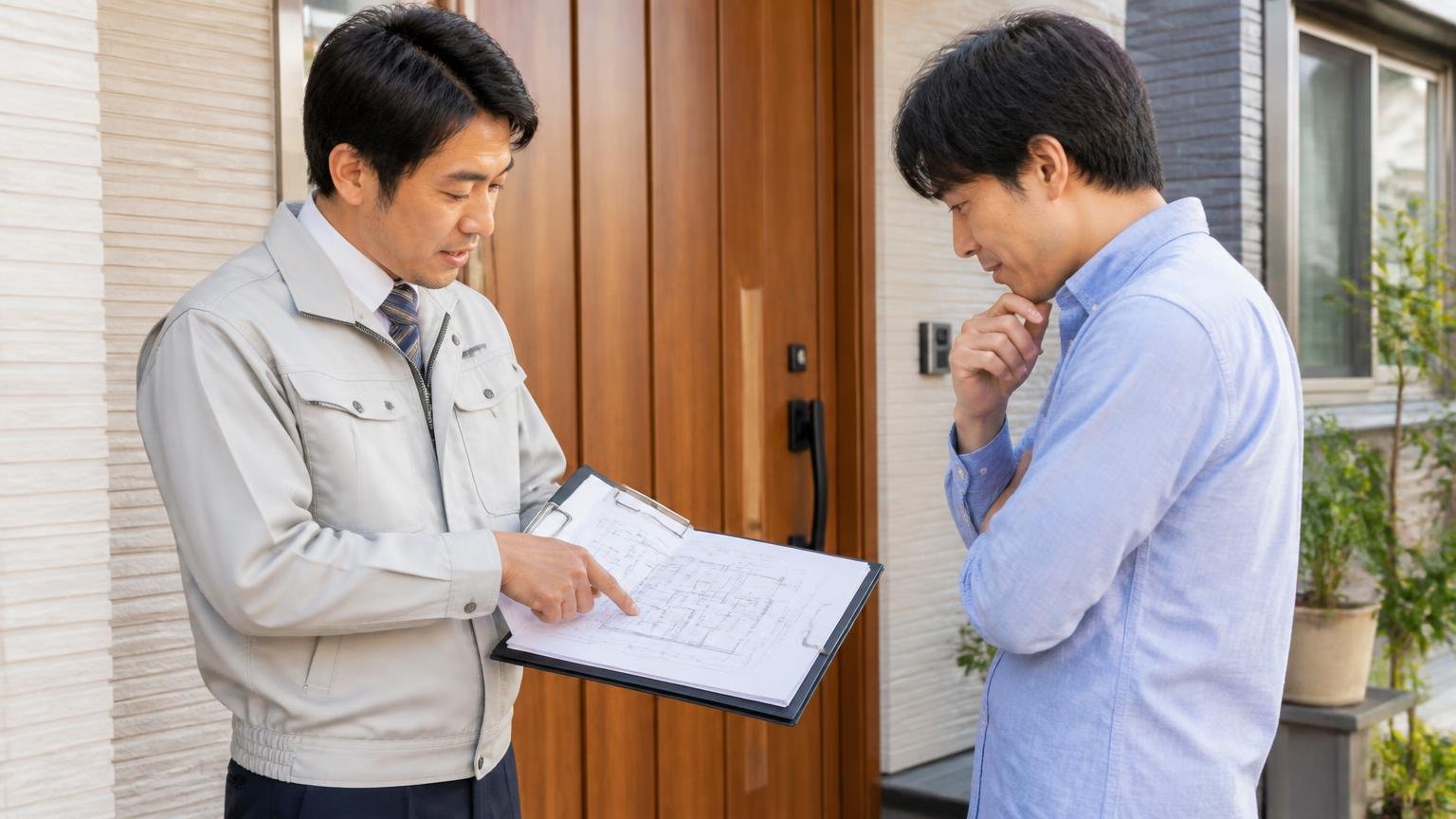 見積もりに来た人がそのまま施工する体制。戸建ての玄関先で作業着の男性1人が施主に図面を見せて説明している