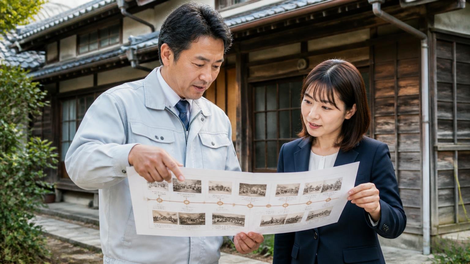 創業1946年で害虫事業は1962年から|古い木造家屋の前で年表資料を広げて話す男女2人