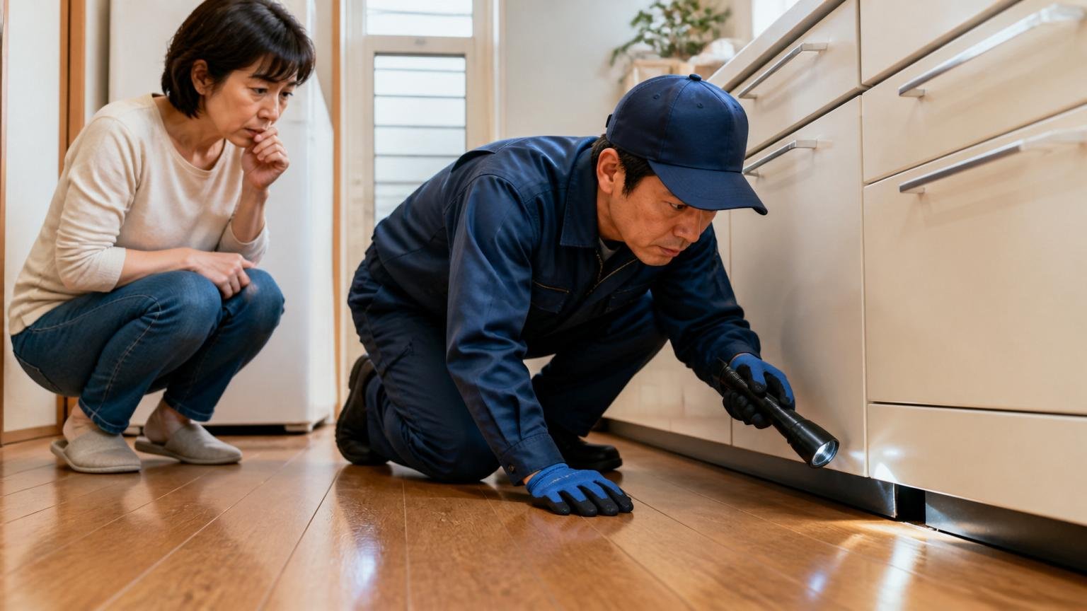 対応害虫を確認する場面。木造戸建ての台所で床の隙間を懐中電灯で照らす作業員1人と住人1人