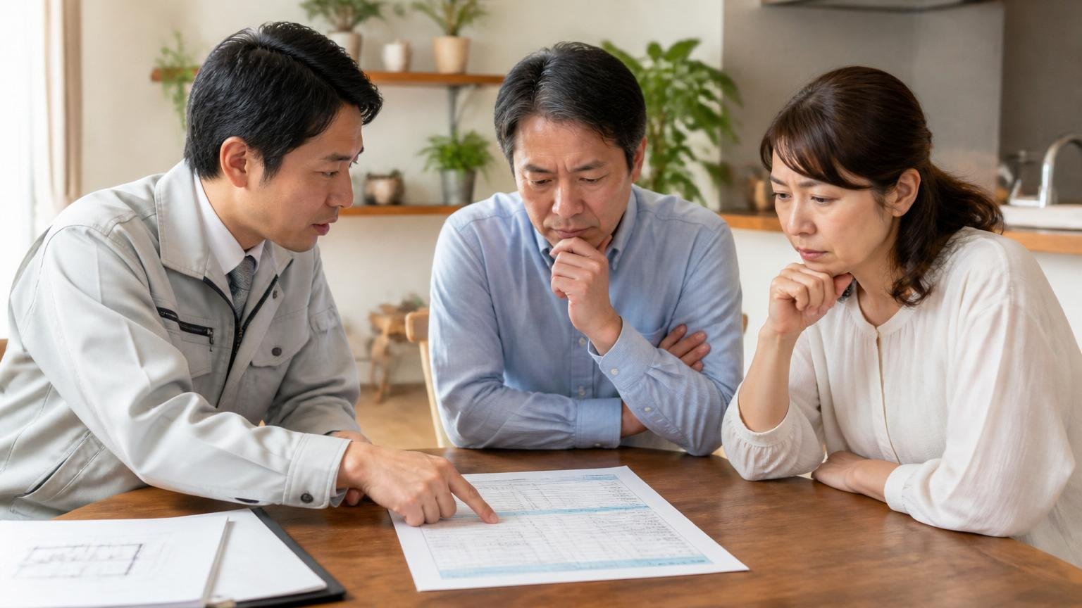 見積書の金額欄を確認する場面。ダイニングテーブルで住人夫婦と作業員が書面を指さして説明を受ける真剣な表情