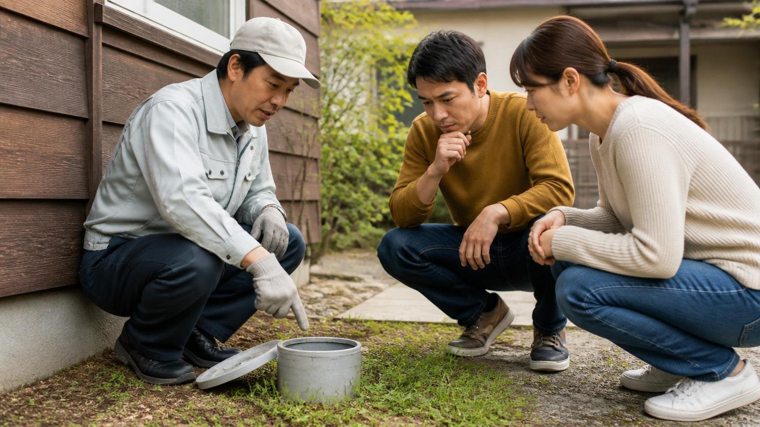 薬剤をまかないシロアリ防除の説明を受ける場面、木造戸建ての庭先で作業員が地面の容器を指さし家族2人がのぞき込む