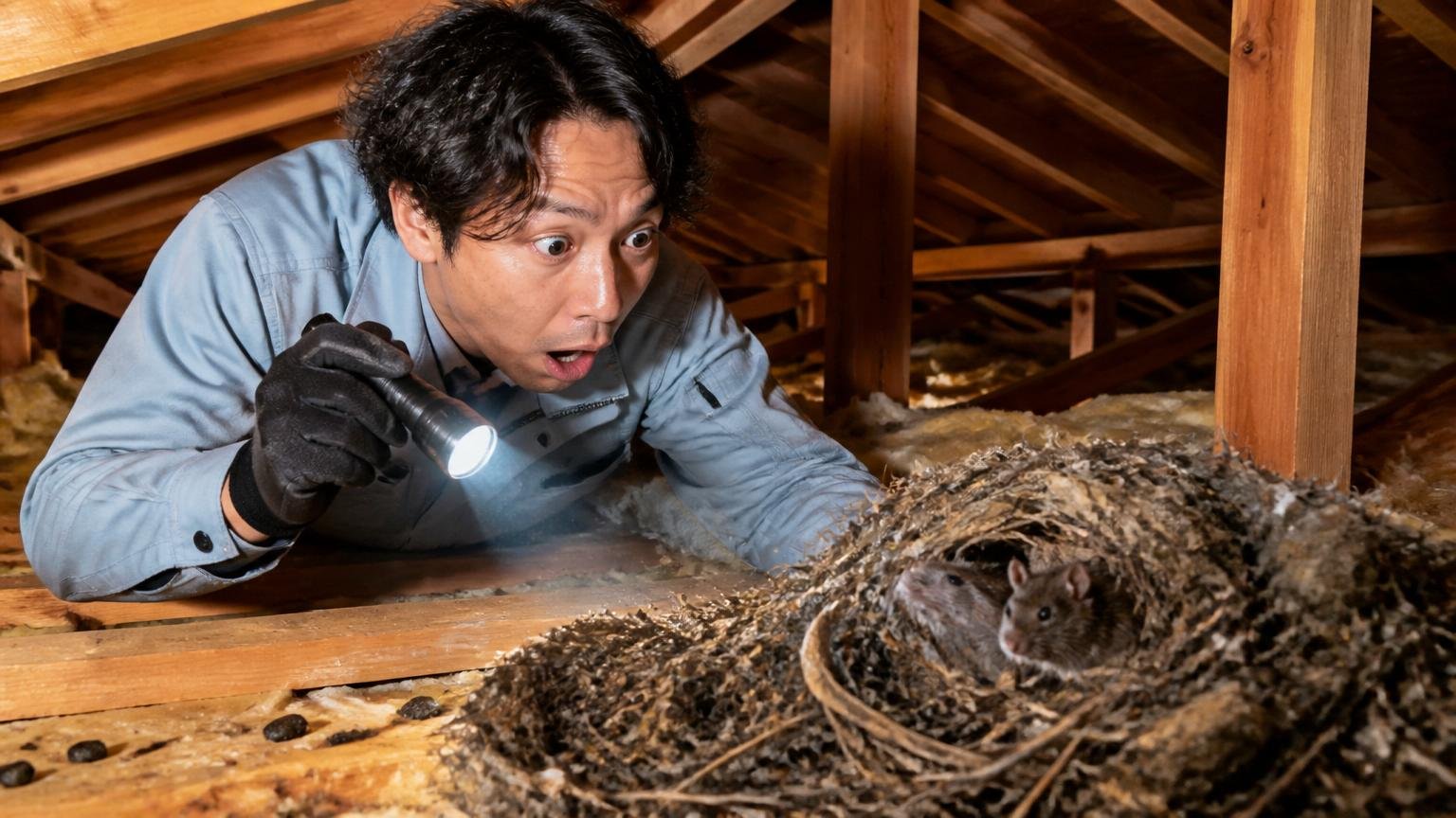 対応エリアと対応している害獣害虫 木造戸建ての天井裏を点検 作業員1人が懐中電灯で照らし驚く
